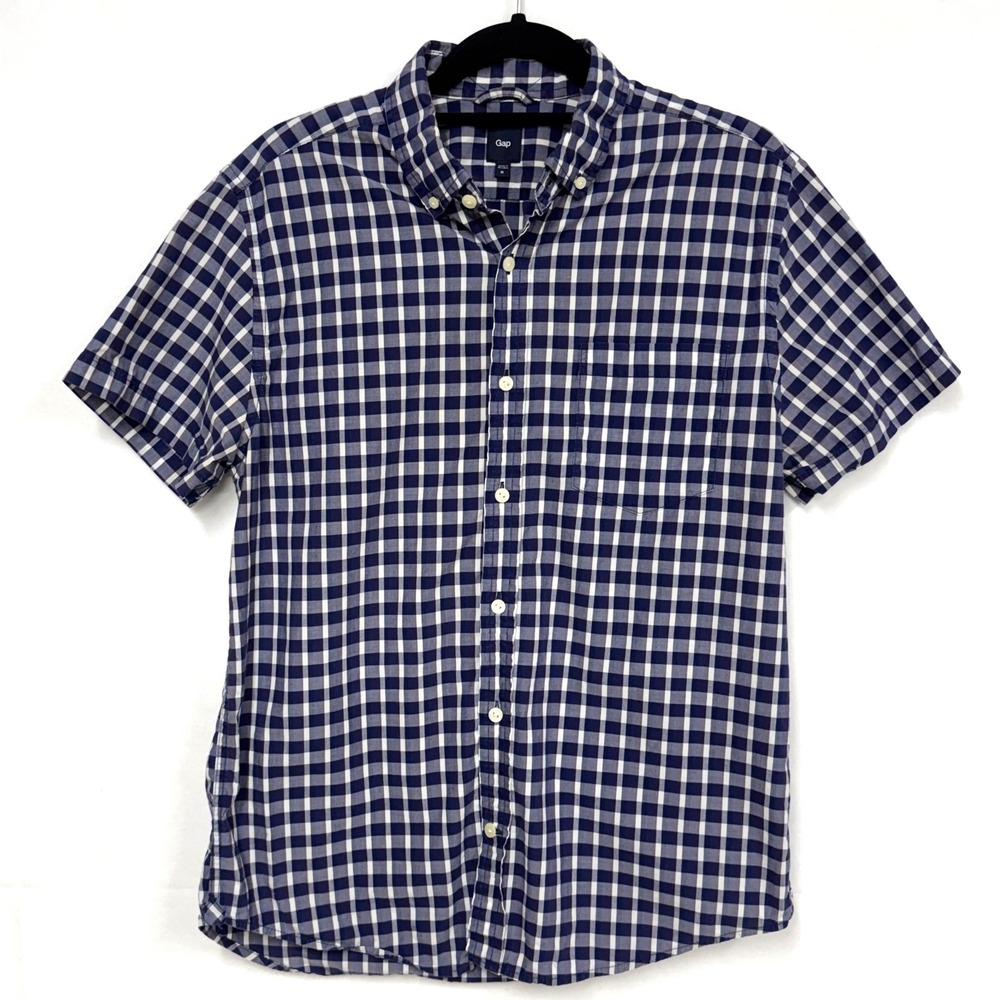 Gap Men's Medium, Navy Blue & White Gingham Cotton Casual Short Sleeve Shirt